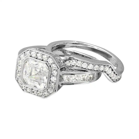 925 Sterling Silver Rhodium Plated 2pcs CZ Square Center Bridal Ring