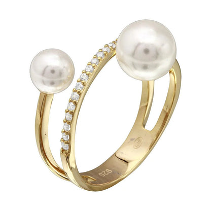 925 Sterling Silver Gold Plated Synthetic Pearl Ended Loop CZ Ring