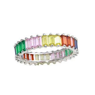 925 Sterling Silver Rhodium Plated Multi-Colored Rectangular CZ Stone Ring