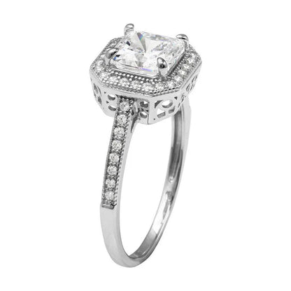 925 Sterling Silver Rhodium Plated Square Halo Ring with CZ Shank