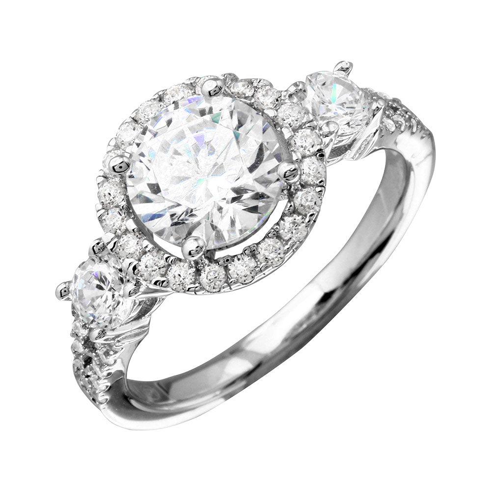 925 Sterling Silver Rhodium Plated Round Halo Ring with CZ Shank