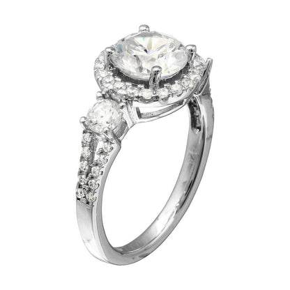 925 Sterling Silver Rhodium Plated Round Halo Ring with CZ Shank