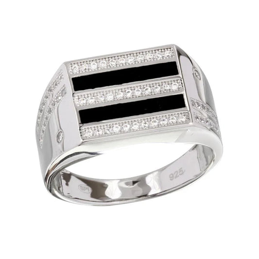 925 Sterling Silver Rhodium Plated Two-Tone Black Enamel CZ Men's Ring