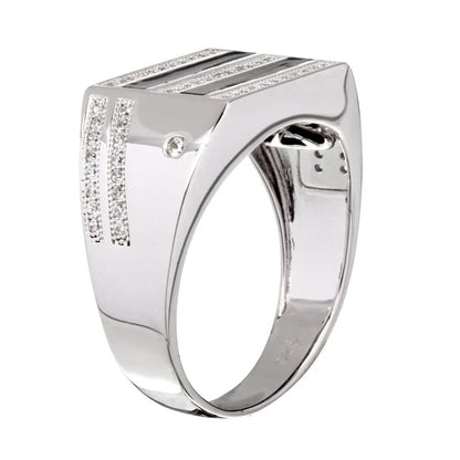 925 Sterling Silver Rhodium Plated Two-Tone Black Enamel CZ Men's Ring