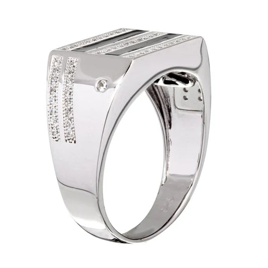 925 Sterling Silver Rhodium Plated Two-Tone Black Enamel CZ Men's Ring