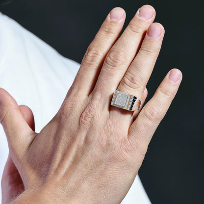 925 Sterling Silver Two-Tone Rhodium Plated Square CZ Encrusted Men's Ring