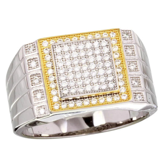 925 Sterling Silver Two-Tone Rhodium Plated Square CZ Encrusted Men's Ring