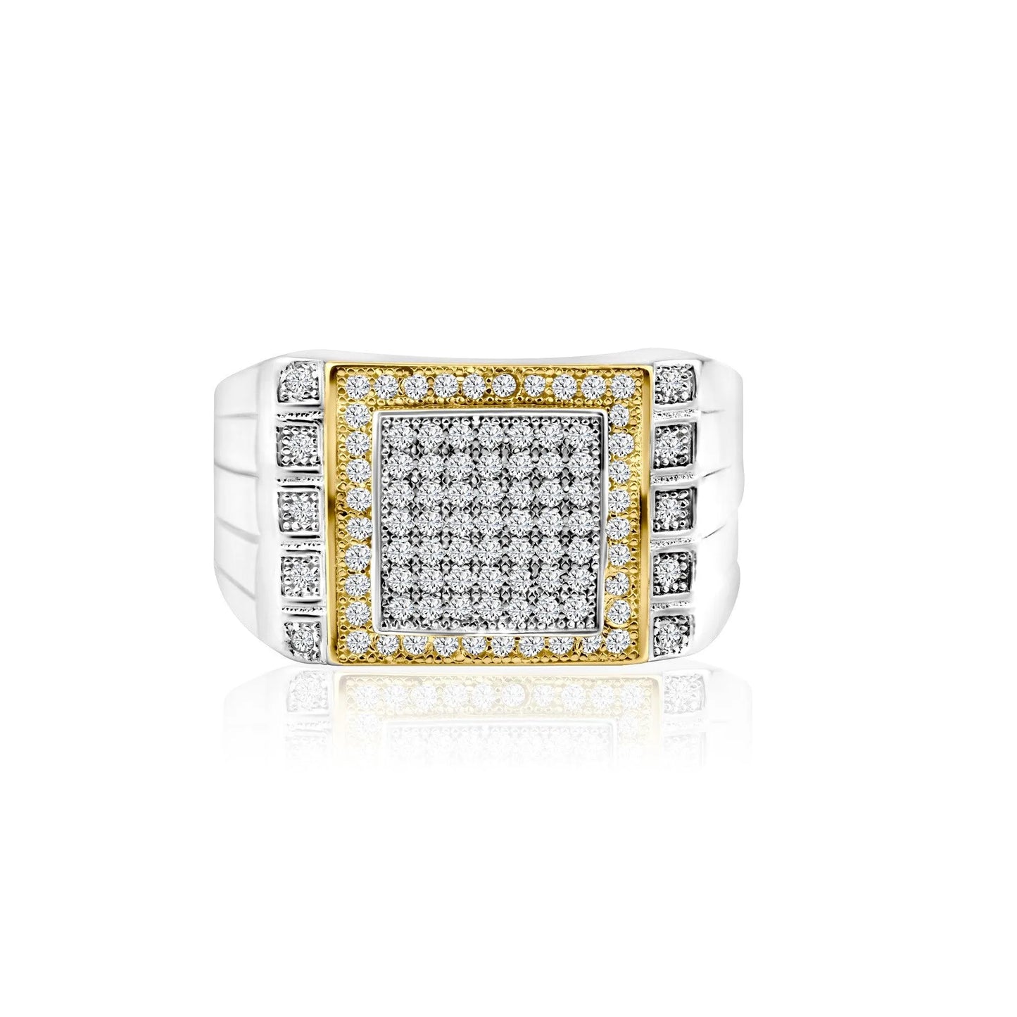 925 Sterling Silver Two-Tone Rhodium Plated Square CZ Encrusted Men's Ring