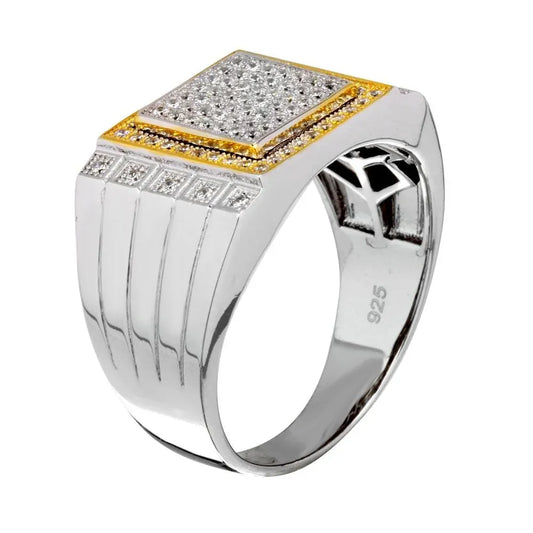 925 Sterling Silver Two-Tone Rhodium Plated Square CZ Encrusted Men's Ring