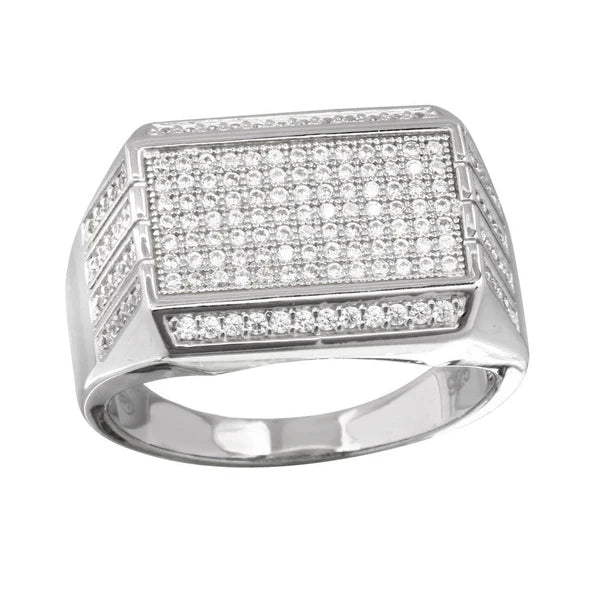925 Sterling Silver Rhodium Plated Men's Rectangular Ring with CZ