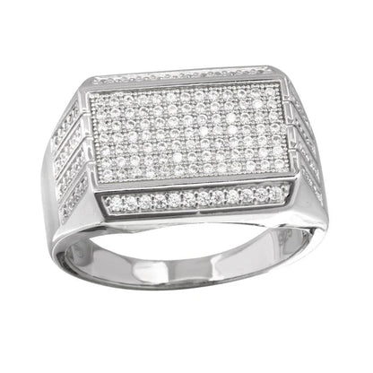 925 Sterling Silver Rhodium Plated Men's Rectangular Ring with CZ