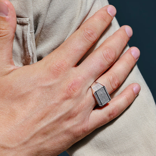 925 Sterling Silver Rhodium Plated Men's Rectangular Ring with CZ