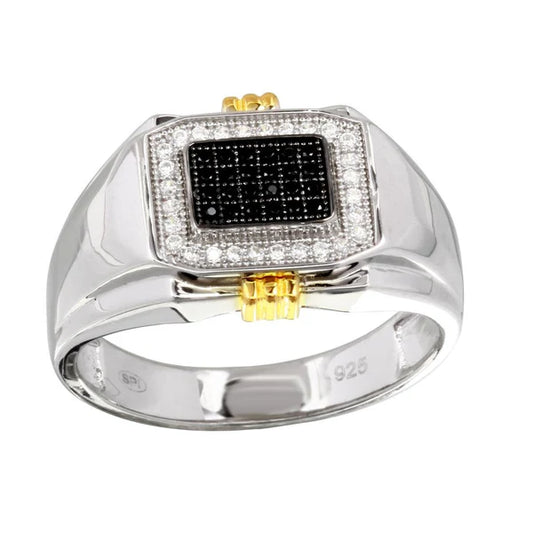 925 Sterling Silver Two-Tone Men's Rectangular Ring with CZ