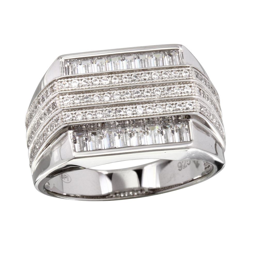 925 Sterling Silver Rhodium Plated Moissanite or Cubic Zirconia Men's 3 Bar Ring