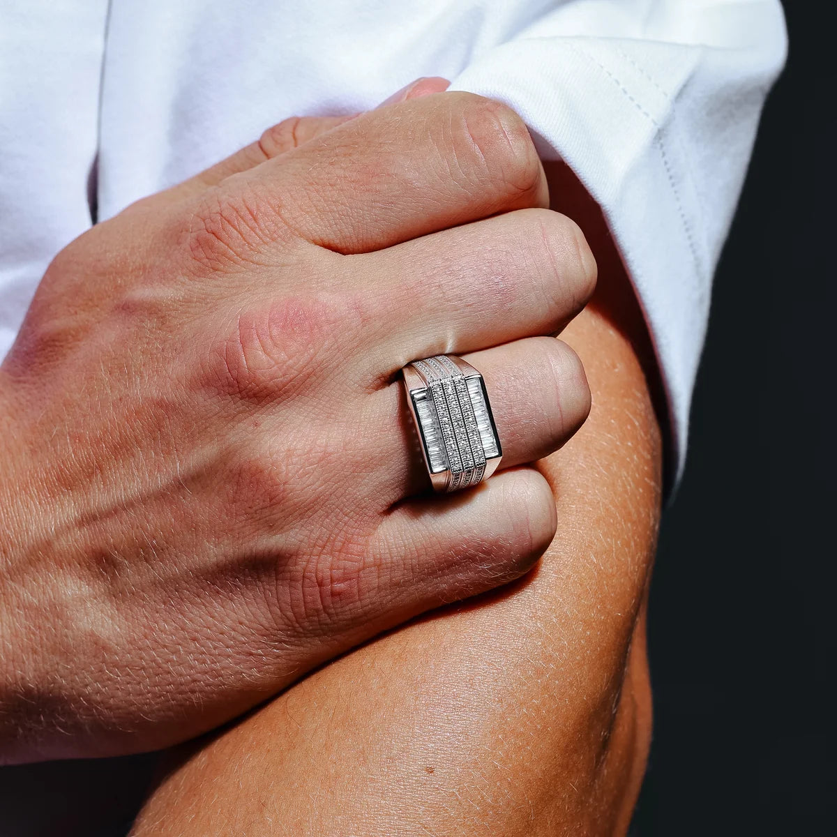 925 Sterling Silver Rhodium Plated Moissanite or Cubic Zirconia Men's 3 Bar Ring