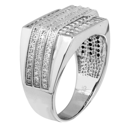 925 Sterling Silver Rhodium Plated Men's 3 Bar CZ Ring