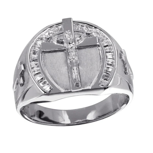 925 Sterling Silver Rhodium Plated Men's Crucifix Ring