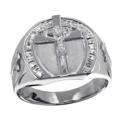925 Sterling Silver Rhodium Plated Men's Crucifix Ring