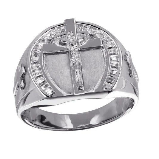 925 Sterling Silver Rhodium Plated Men's Crucifix Ring