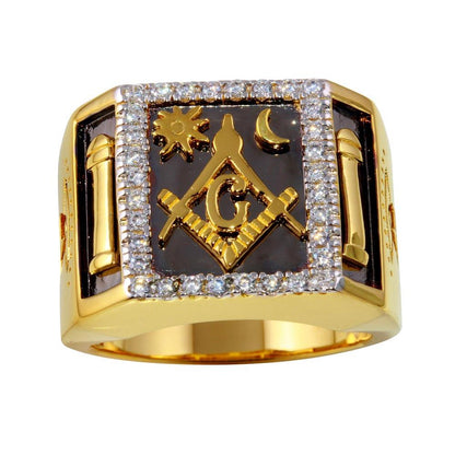 925 Sterling Silver Clearance - Two-Tone Masonik Square Ring with CZ