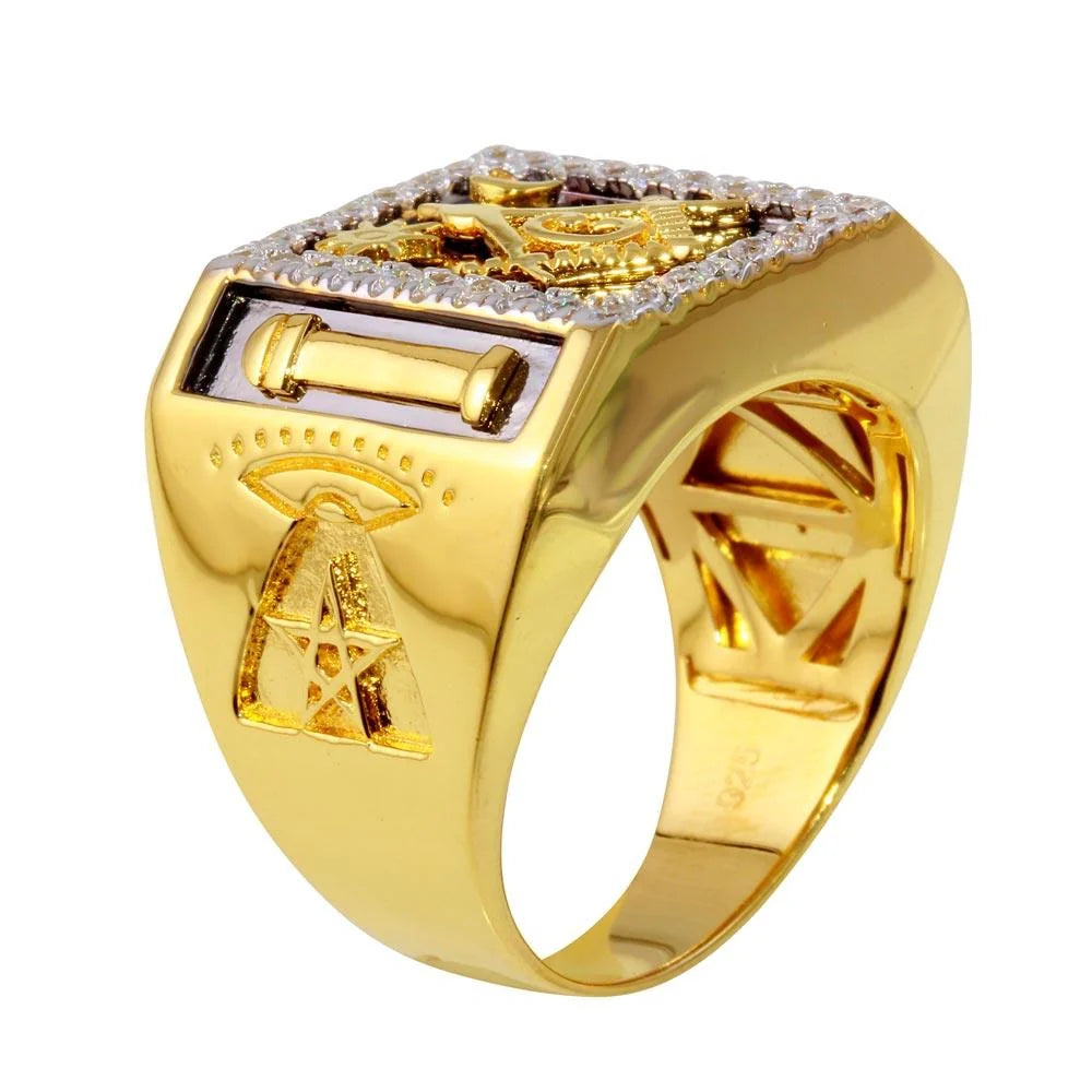 925 Sterling Silver Clearance - Two-Tone Masonik Square Ring with CZ