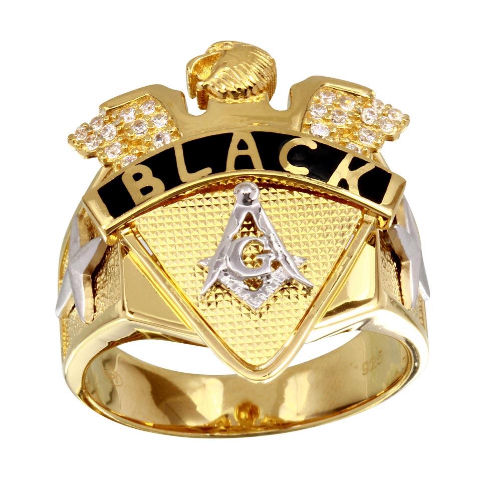 925 Sterling Silver Gold Plated Men's Masonik Symbol Ring