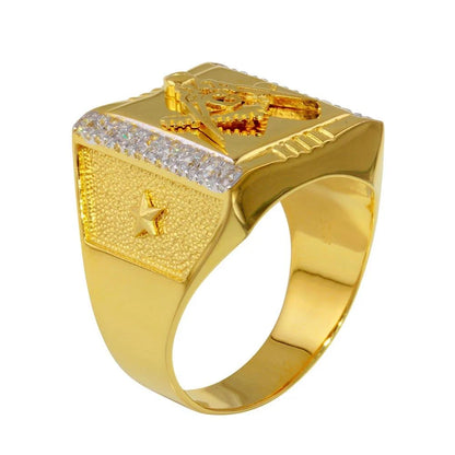 925 Sterling Silver Clearance - Two-Tone Square Masonik Ring with CZ