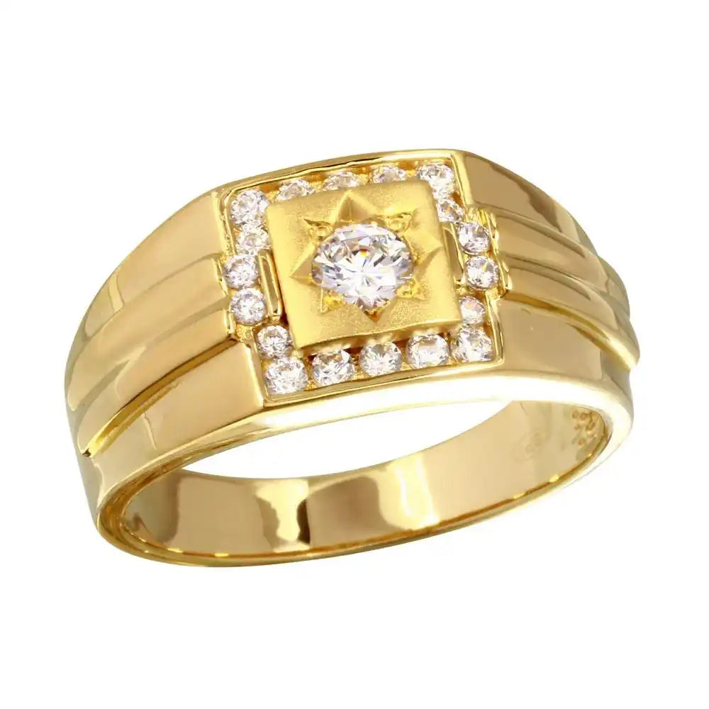 925 Sterling Silver Men's Sterling Gold Plated Square Ring with CZ