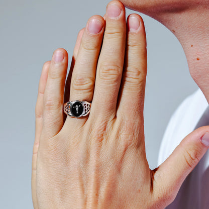 925 Sterling Silver Rhodium Plated Black Oval Body of Christ Ring