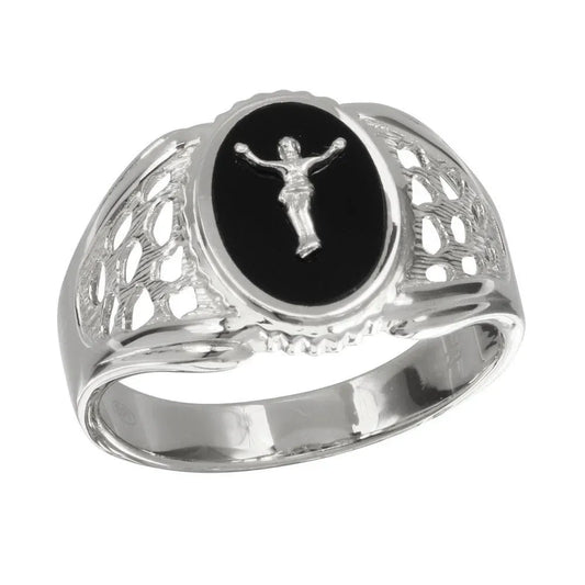 925 Sterling Silver Rhodium Plated Black Oval Body of Christ Ring