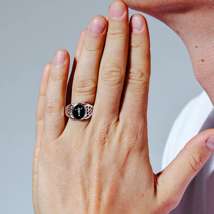 925 Sterling Silver Rhodium Plated Black Oval Body of Christ Ring