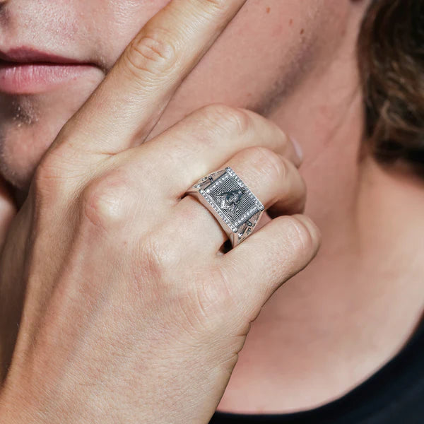 925 Sterling Silver Rhodium Plated Men's Masonry Statement CZ Ring