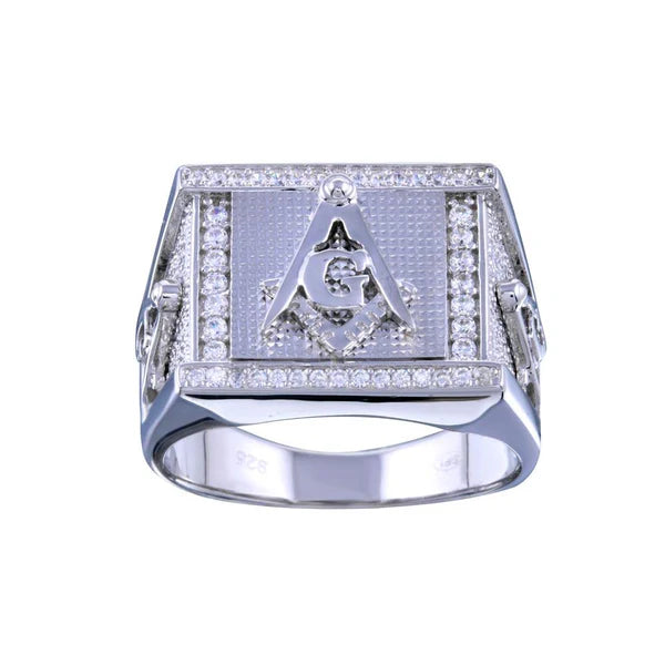925 Sterling Silver Rhodium Plated Men's Masonry Statement CZ Ring