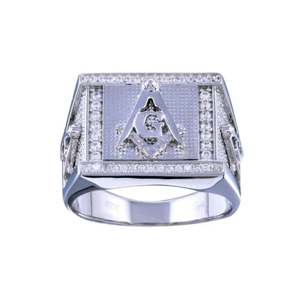 925 Sterling Silver Rhodium Plated Men's Masonry Statement CZ Ring