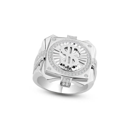 925 Sterling Silver Rhodium Plated Men's Dollar Sign Ring