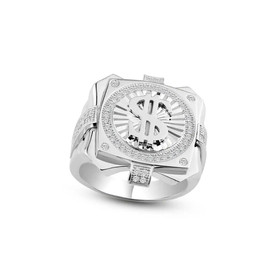 925 Sterling Silver Rhodium Plated Men's Dollar Sign Ring