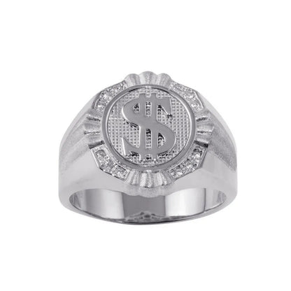 925 Sterling Silver Rhodium Plated Dollar Sign Ring with CZ