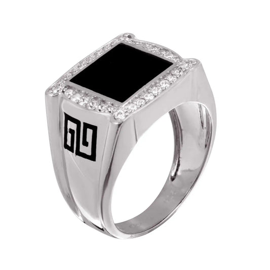925 Sterling Silver Rhodium Plated Men's Flat Square Onyx Ring with CZ