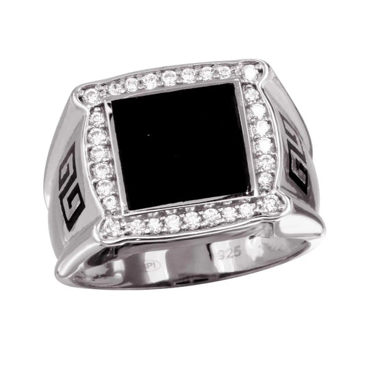 925 Sterling Silver Rhodium Plated Men's Flat Square Onyx Ring with CZ
