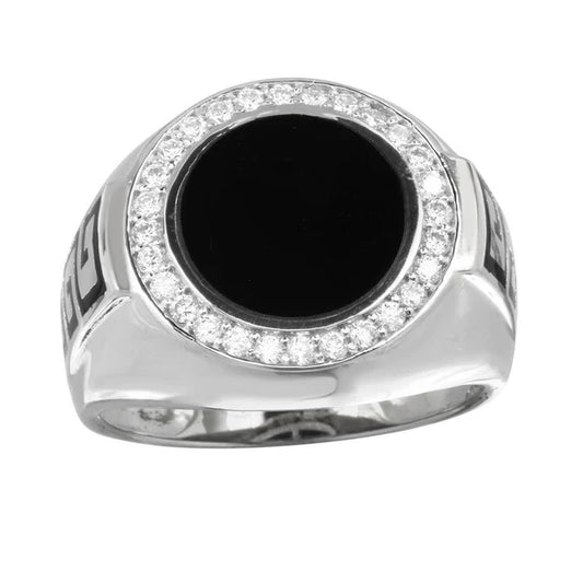 925 Sterling Silver Rhodium Plated Men's Round Flat Round Onyx Ring with CZ