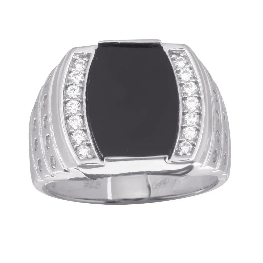 925 Sterling Silver Rhodium Plated Men's Flat Oval Onyx Ring with CZ