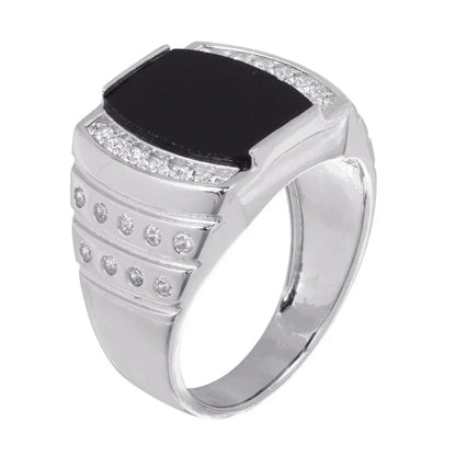 925 Sterling Silver Rhodium Plated Men's Flat Oval Onyx Ring with CZ