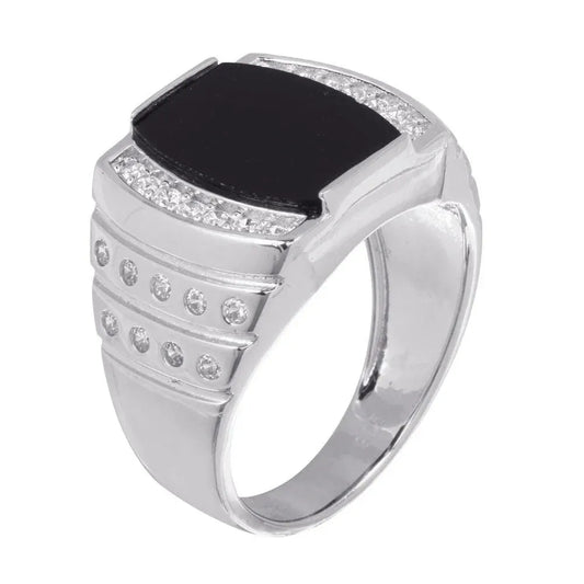 925 Sterling Silver Rhodium Plated Men's Flat Oval Onyx Ring with CZ
