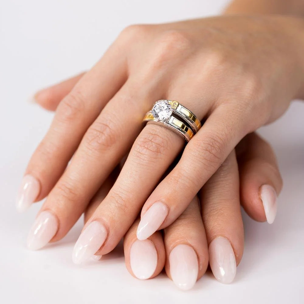 925 Sterling Silver Two-Tone His and Hers Ring Set with CZ