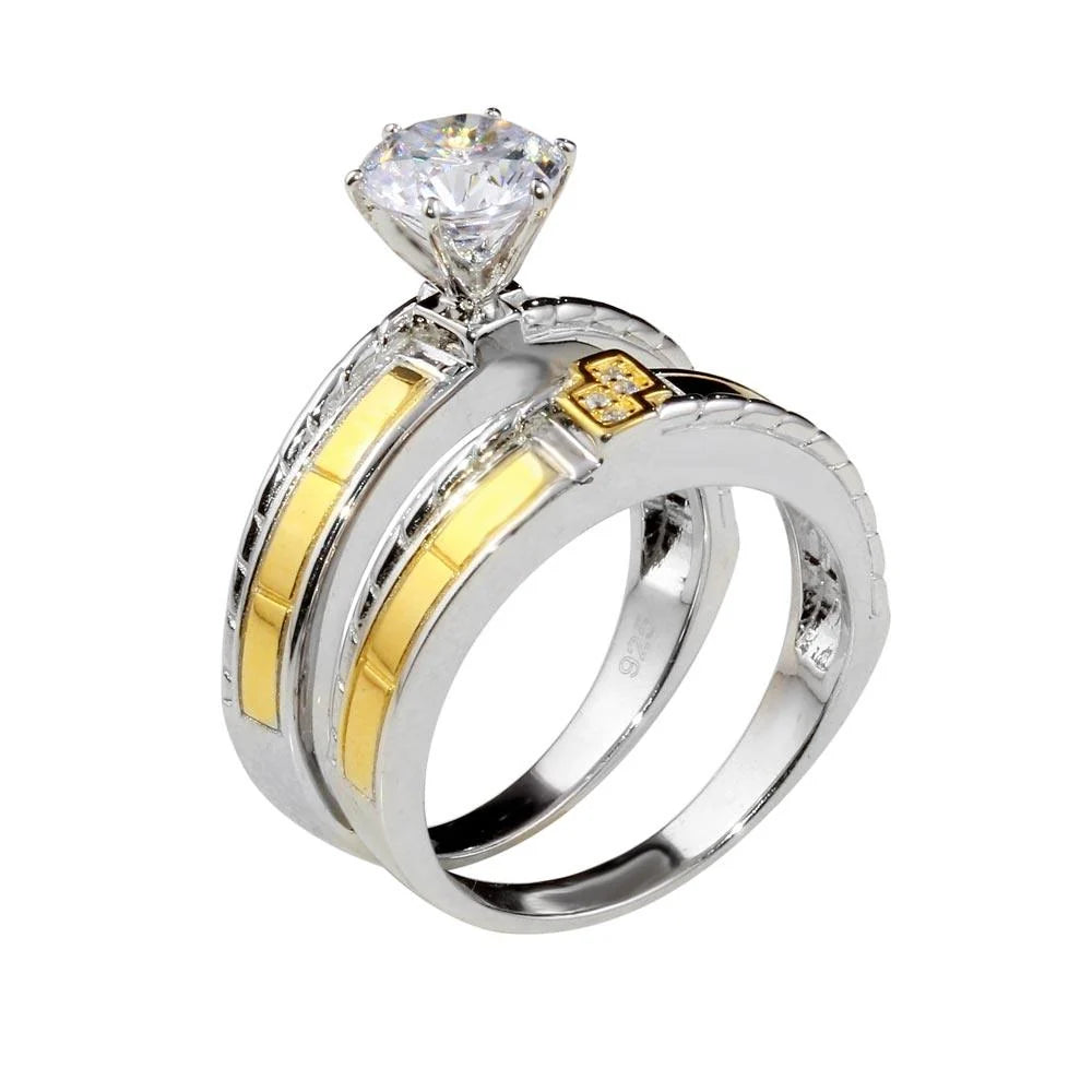 925 Sterling Silver Two-Tone His and Hers Ring Set with CZ