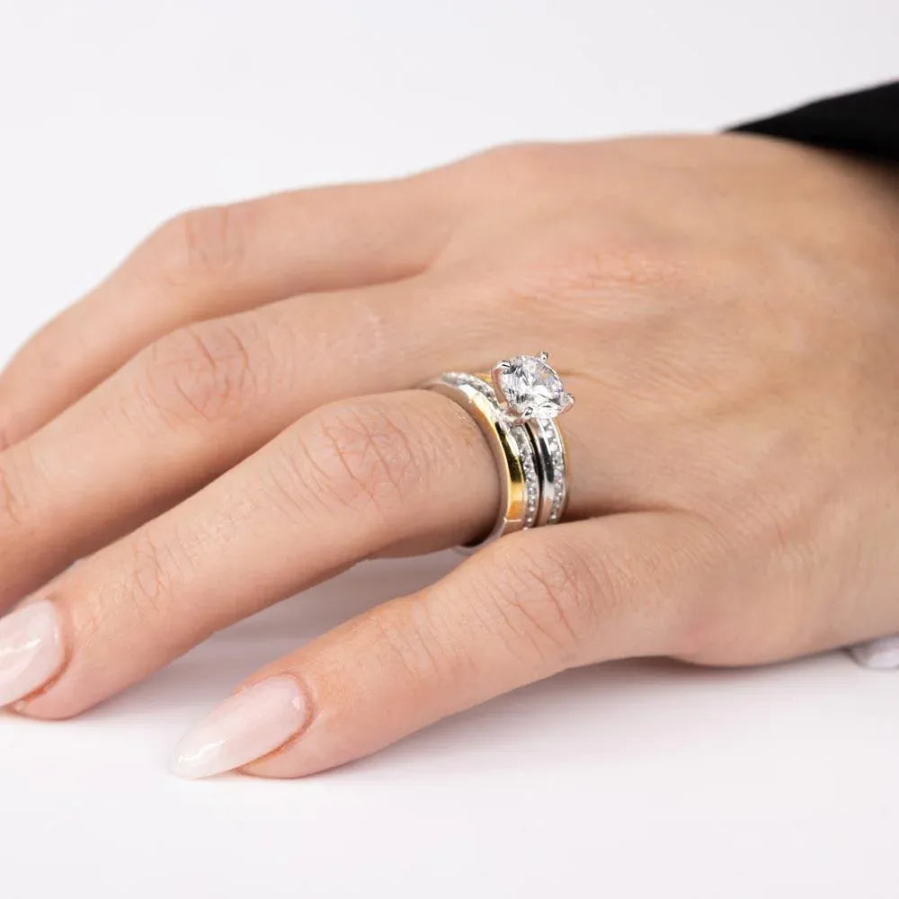 925 Sterling Silver Two-Tone Gold and Rhodium Plated Stackable Double Rings with CZ