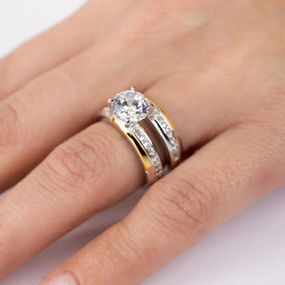 925 Sterling Silver Two-Tone Gold and Rhodium Plated Stackable Double Rings with CZ