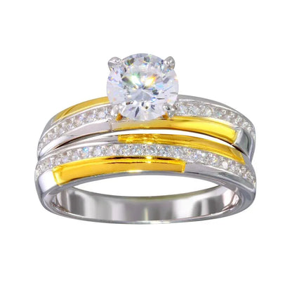 925 Sterling Silver Two-Tone Gold and Rhodium Plated Stackable Double Rings with CZ
