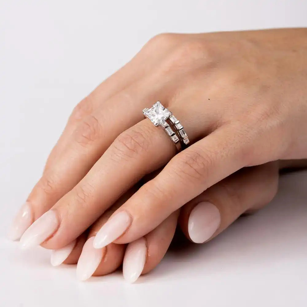 925 Sterling Silver Rhodium Plated Princess Cut Engagement Ring