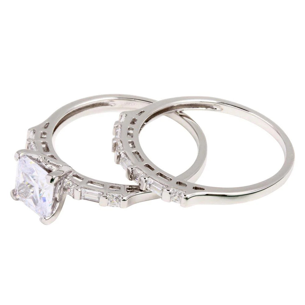 925 Sterling Silver Rhodium Plated Princess Cut Engagement Ring